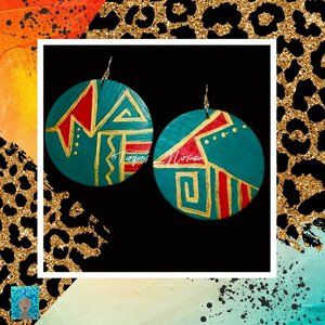 L-20: Turquoise Red Gold Tribal Print Round Earrings